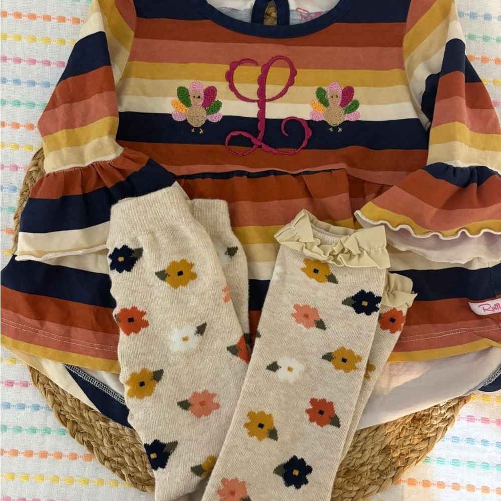 L monogram RuffleButts Rust Mustard Striped Dress with Floral Legging, Turkeys